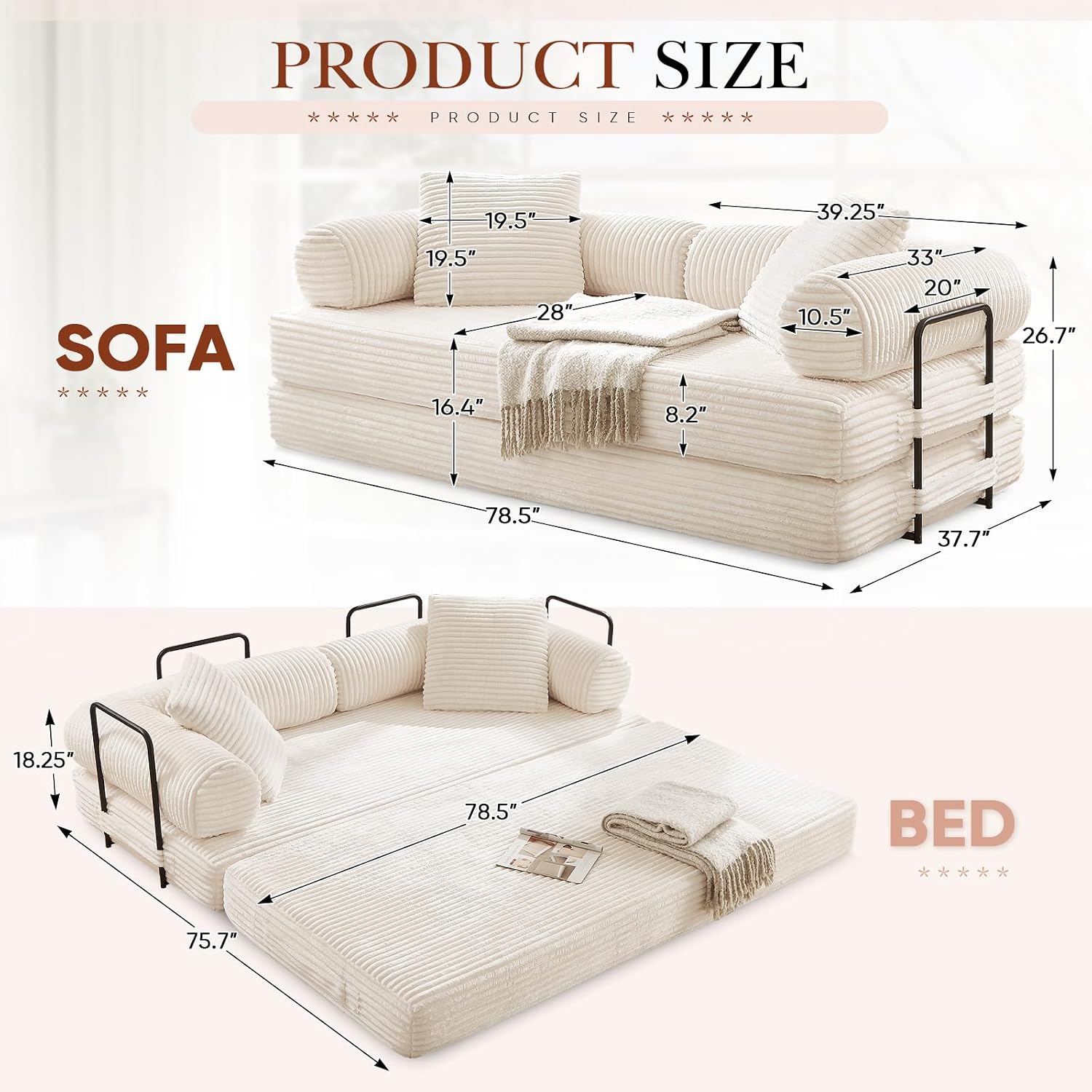 Antetek Modular Couch Bed, Convertible Folding Plush Corduroy Comfy Floor Compression Loveseat Sleeper Sofa Couch, King Size Bed for Guest Room Living Room Bedroom, No Assembly Required, Beige