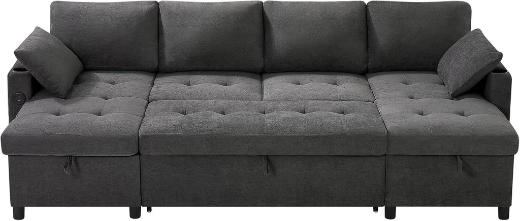 110' Fabric Pull-Out Couch Bed w/Adjustable Backrests, Sectional Sleeper Sofa w/USB Ports & 2 Cup Holders, Upholstered U-Shaped Couch w/Storage Chaise for Living Room, House, Grey