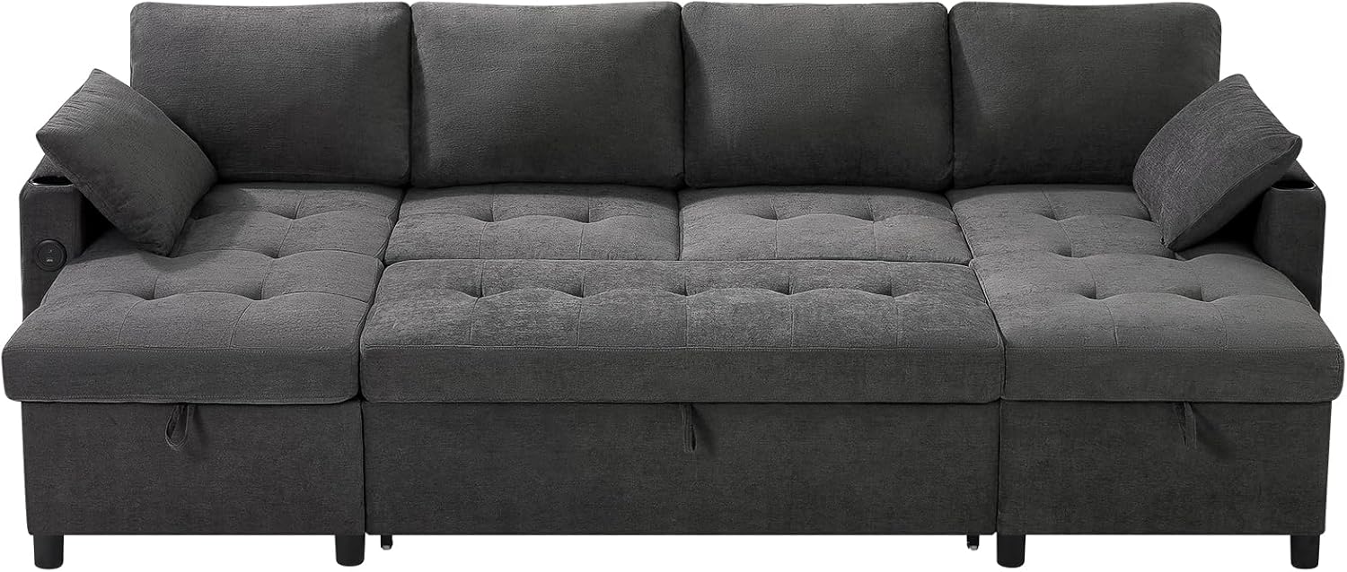 110' Fabric Pull-Out Couch Bed w/Adjustable Backrests, Sectional Sleeper Sofa w/USB Ports & 2 Cup Holders, Upholstered U-Shaped Couch w/Storage Chaise for Living Room, House, Grey