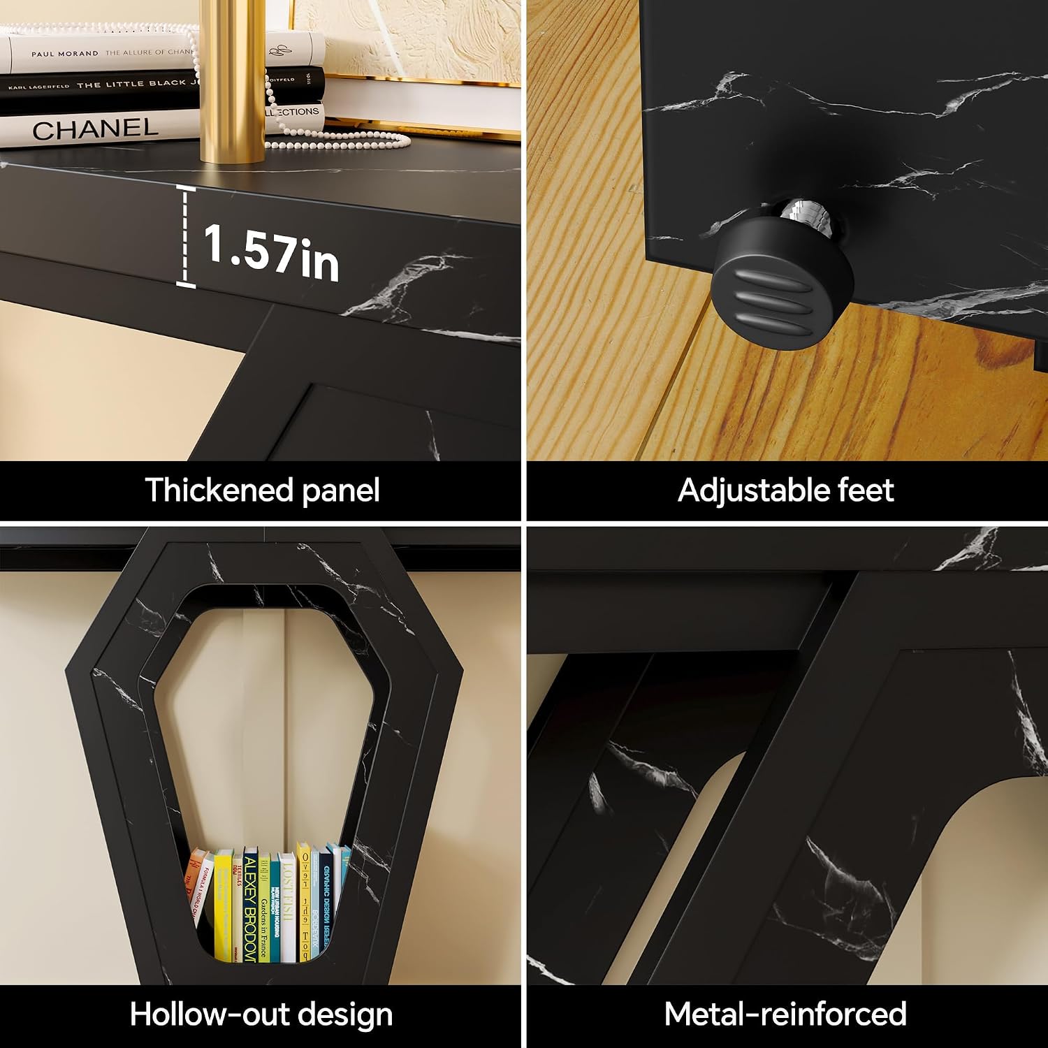 FUSUNBAO 47.3' Console Table,Openwork Bracket Sofa Table, Wood Narrow Entryway Table for Hallway, Behind The Couch, Living Room, Foyer, Easy Assembly (Black Marble Texture)