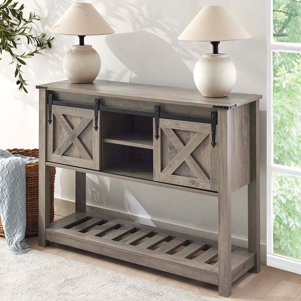 Grey Farmhouse Entryway Table, Rustic Hallway Table with Storage Shelf, Sofa Table with Sliding Barn Doors for Hallway, Entryway, Living Room, Foyer