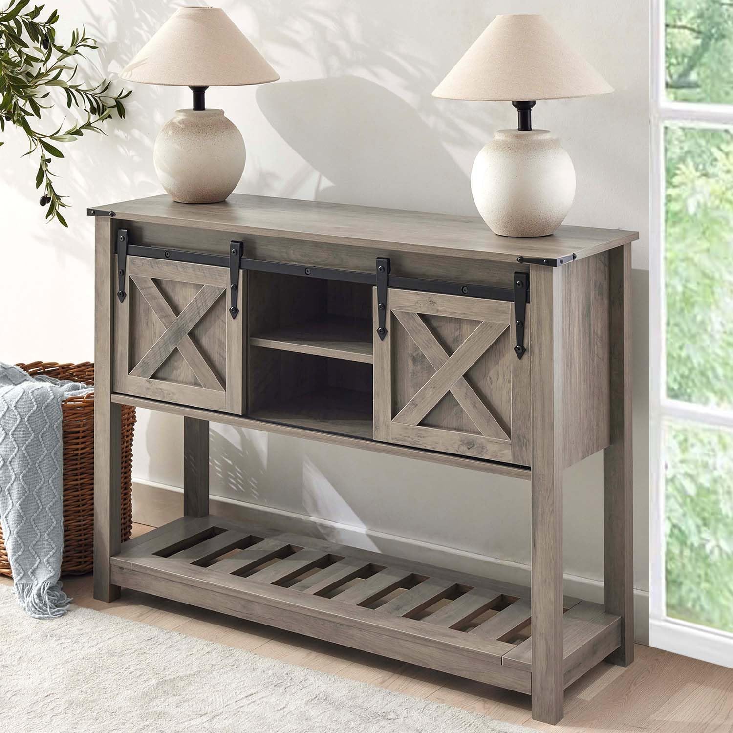 Grey Farmhouse Entryway Table, Rustic Hallway Table with Storage Shelf, Sofa Table with Sliding Barn Doors for Hallway, Entryway, Living Room, Foyer