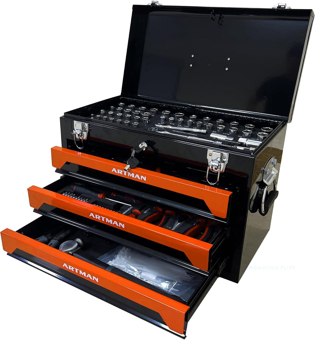 439 Piece Mechanics Tool Set, 3 Drawer Heavy Duty Metal Box with Household Tool Kit, Portable Tool Organizer Case for Auto Repair, Garage, Warehouse, Workshop, Repair Shop (Orange & Black)