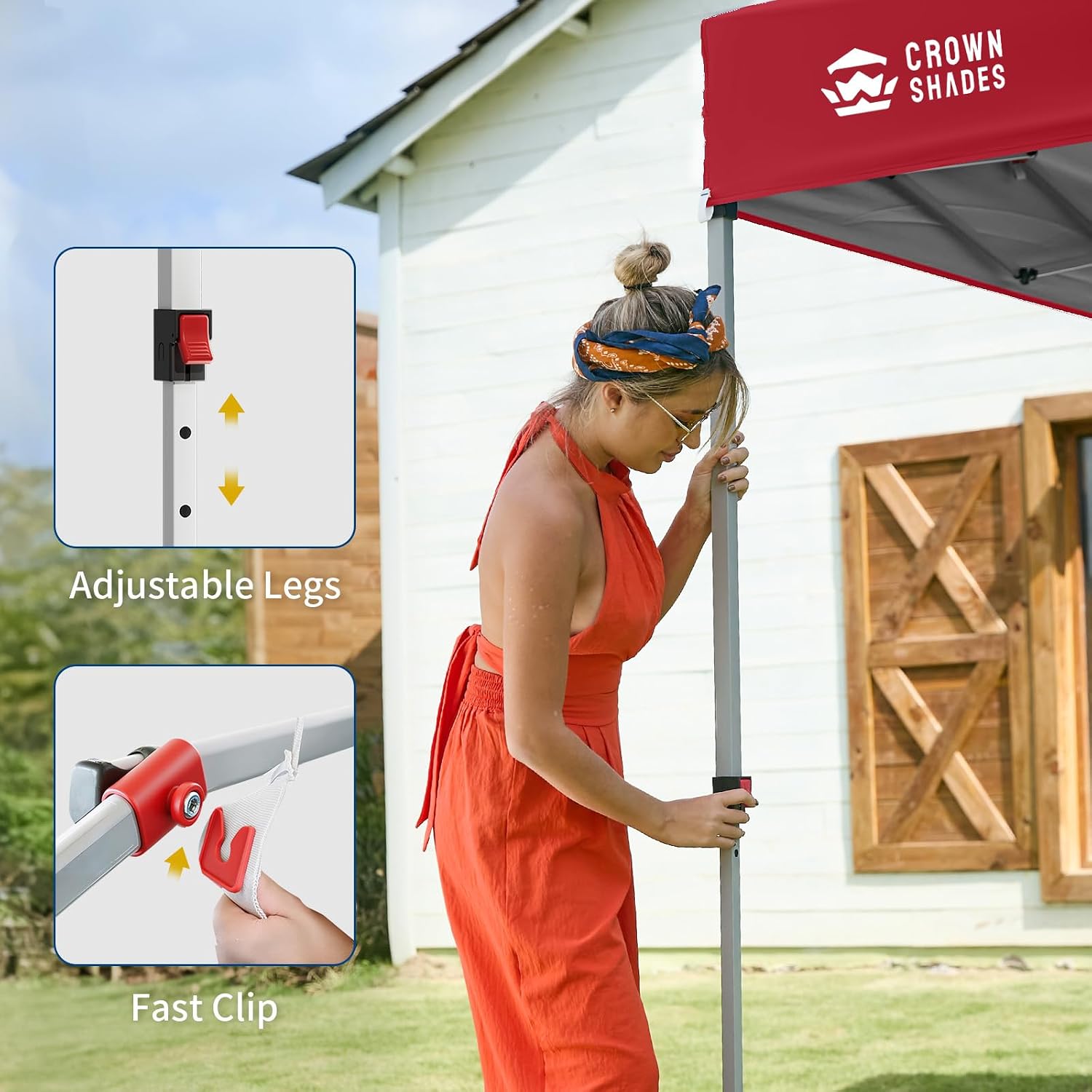 CROWN SHADES Pop Up Canopy with 1 Side Wall - Beach Tent with One Push Setup - Outdoor Sun Shade for Events, Parties, Camping - Gazebo with STO-N-Go Cover Bag, Red, 8x8FT