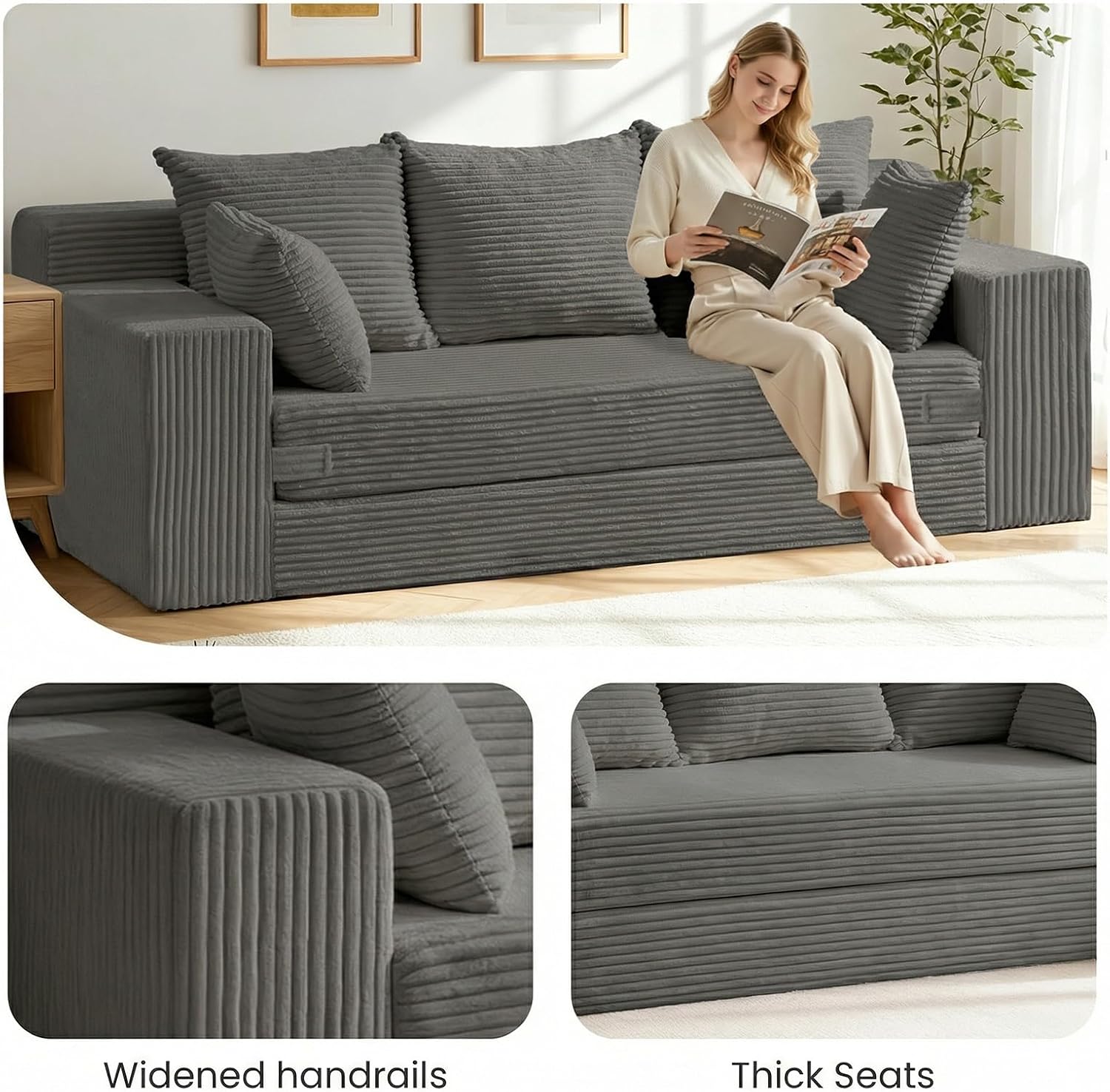 Oversized Boneless Loveseat, 3 Seater Pull Out Convertible Sofa Bed, 70' Gray Boneless Couch Fold Out Floor Couch Sleeper Sofa with 5 Pillows for Living Room Bedroom Lounge Small Space