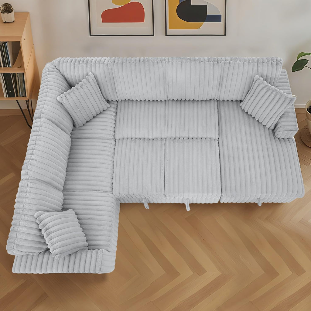 122 Inch Oversized U-Shaped Corduroy Sectional Sleeper Sofa with Pull Out Bed, Fluffy Plush Convertible Couch Bed with Storage Chaise for Living Room, Grey