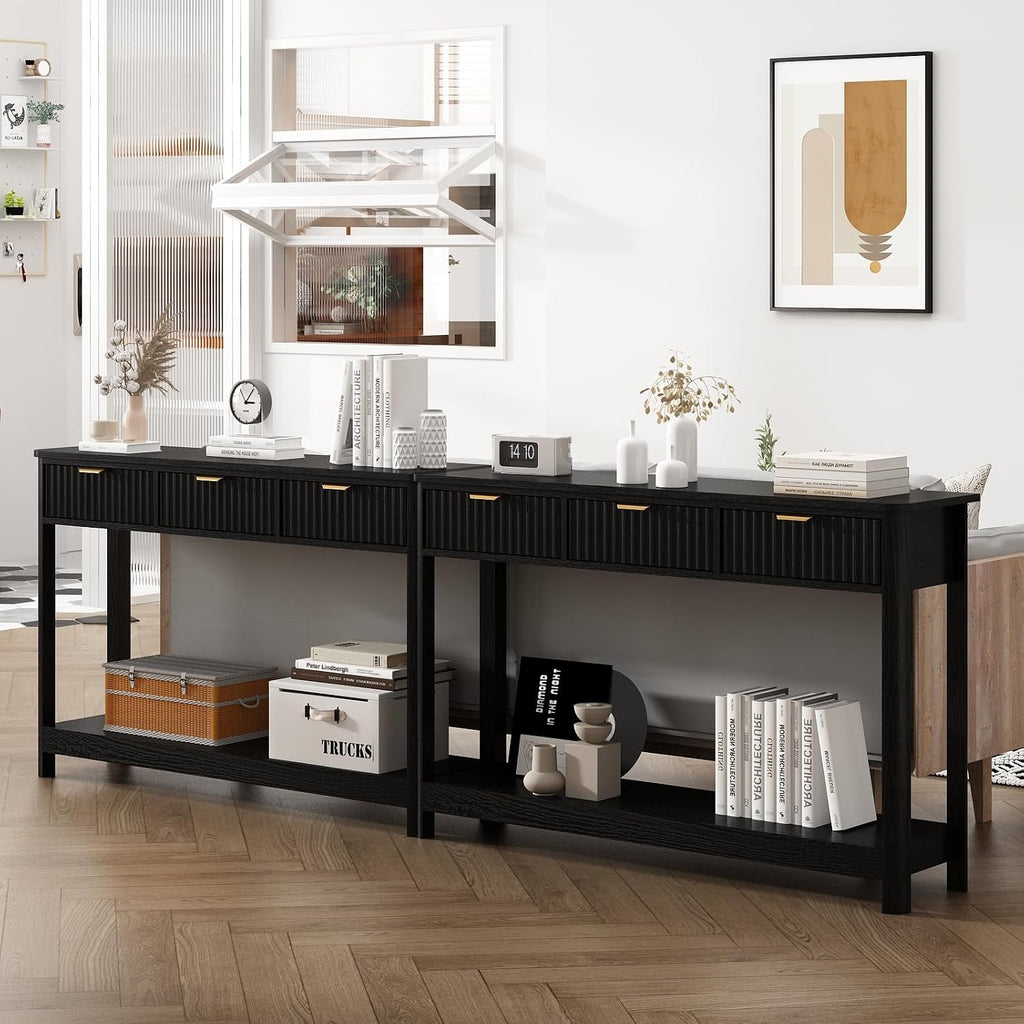 HOKYHOKY Fluted Console Table with Drawers, Modern 47.1' Entryway Table with Storage Shelf, Boho Narrow Skinny Behind Couch Wood Sofa Table for Living Room Hallway Entrance Foyer, Black
