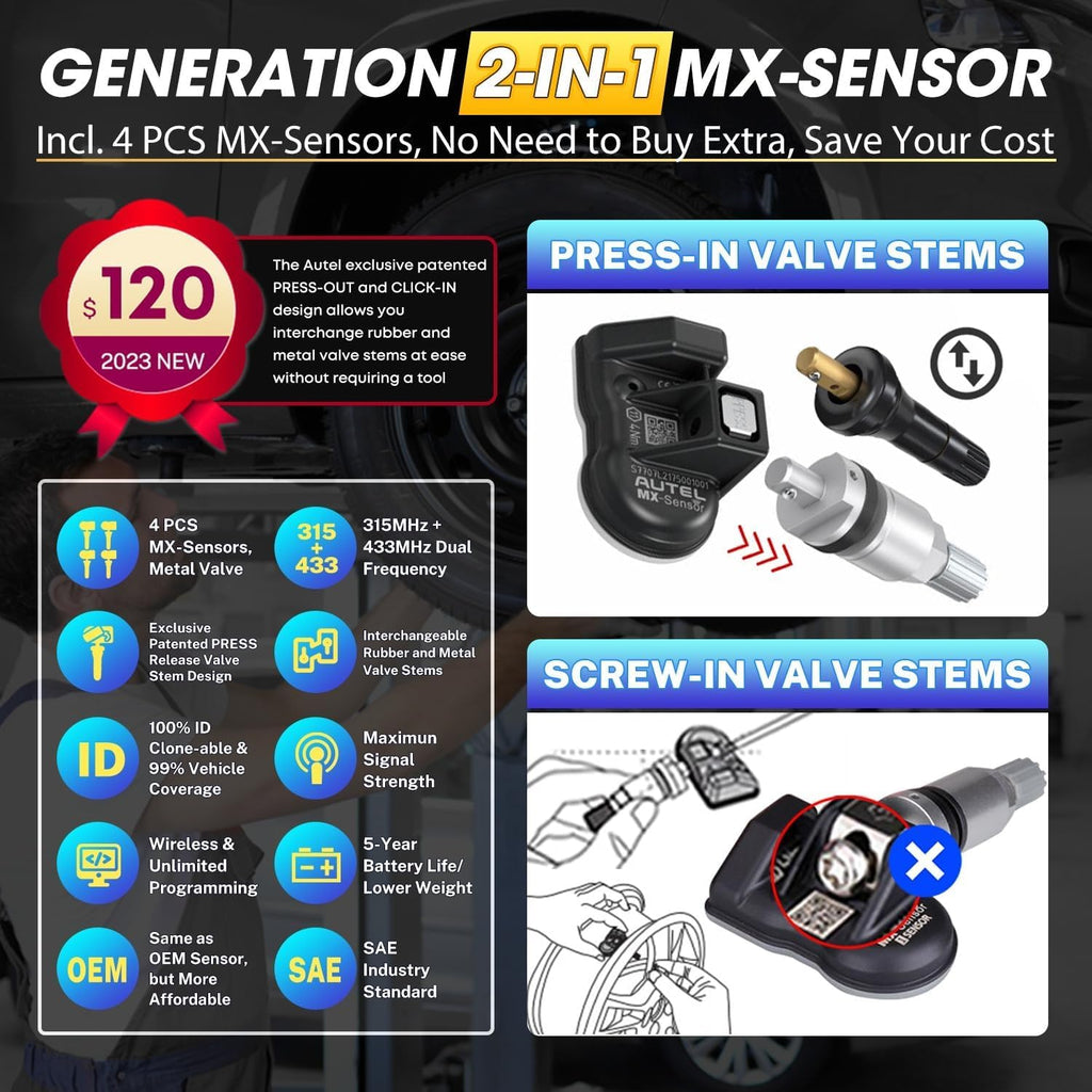 Autel MaxiTPMS TS508WF TPMS Programming Tool Kit, 2026 WiFi Tire Sensor Relearn Activation Tool, Up of TS508 TS601 TS501 PRO, Clear TPMS DTCs, 4PCS 315+433MHz MX Sensors ($120), Lifetime Free Updates