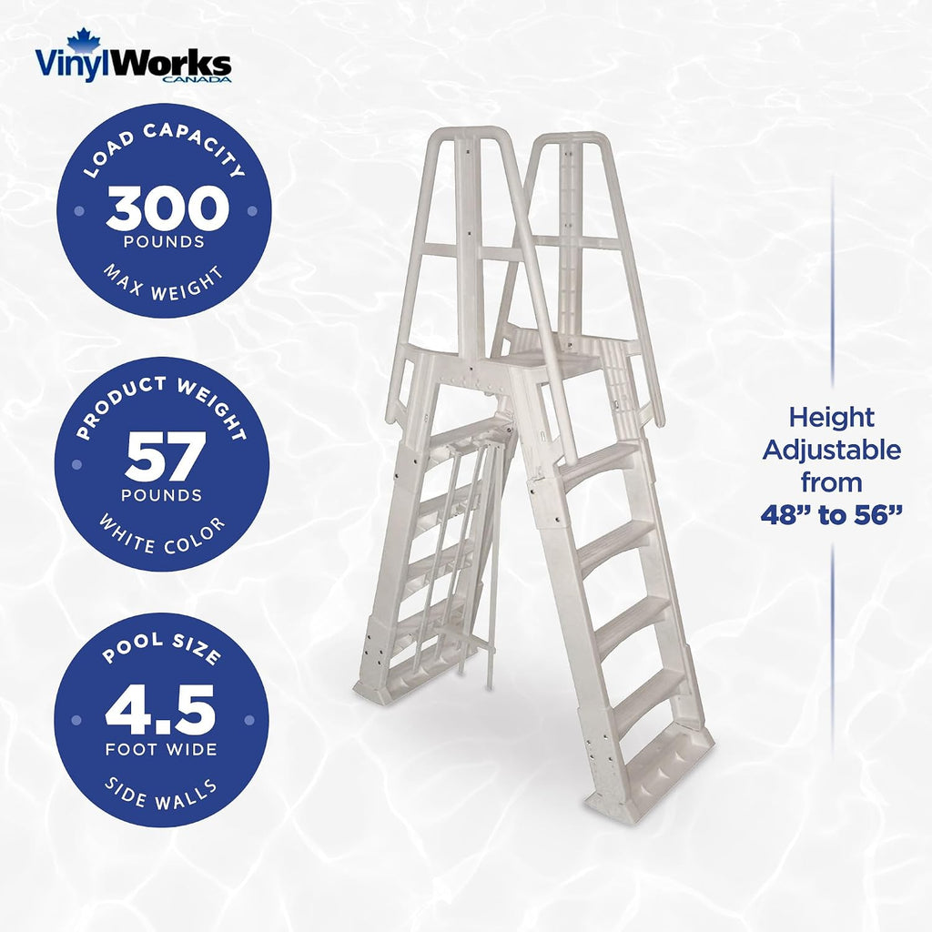 Vinyl Works SLA A-Frame 48 to 56 Inch Adjustable Above Ground Swimming Pool Ladder Entry System with Slide Lock Barrier and Handrails, White