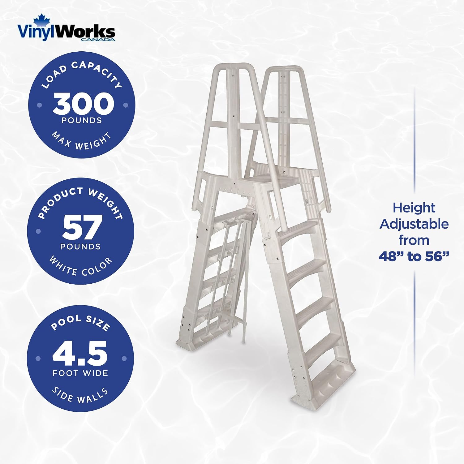 Vinyl Works SLA A-Frame 48 to 56 Inch Adjustable Above Ground Swimming Pool Ladder Entry System with Slide Lock Barrier and Handrails, White
