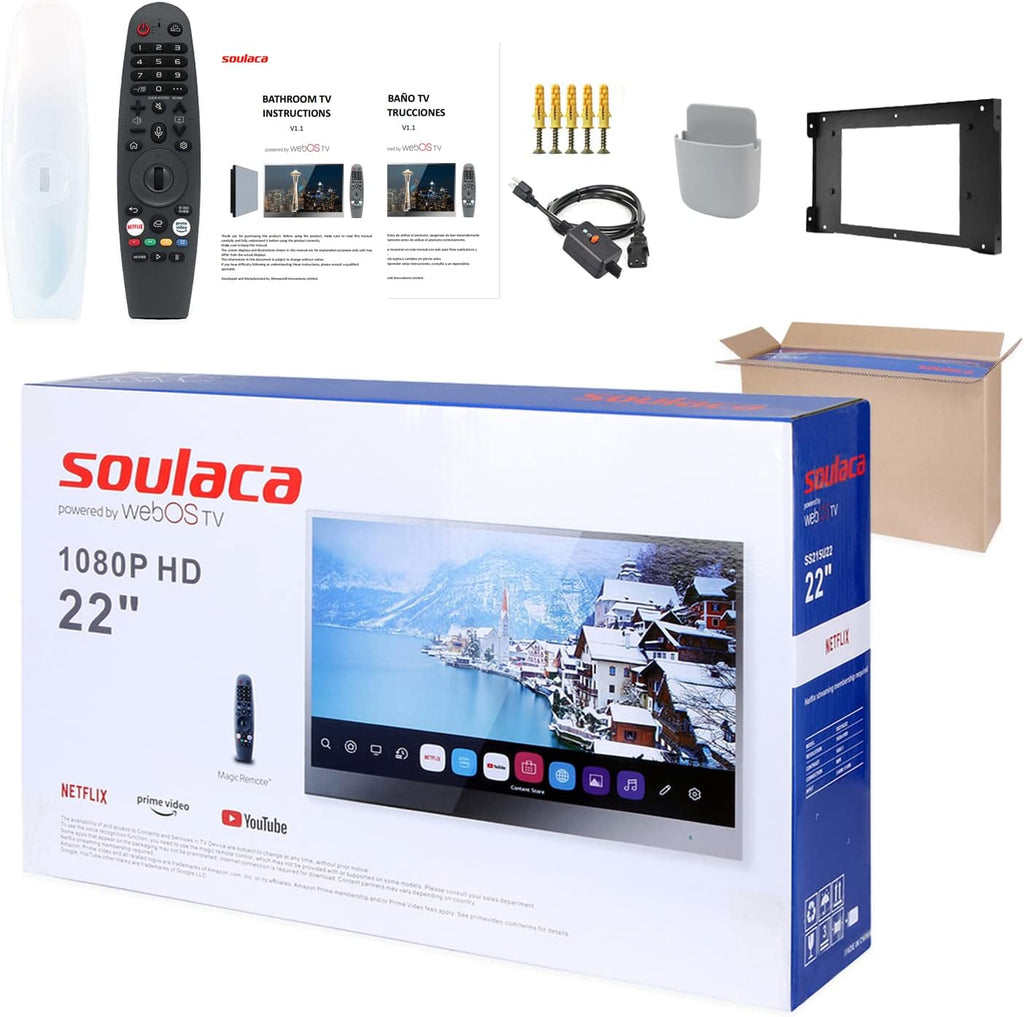 Soulaca 22' Smart Mirror TV Waterproof Ivory Frame with webOS & Built-in Voice Control Magic Mirror Display WiFi Bluetooth ATSC Tuner for Bathroom Fireplace & Luxury Wall Décor