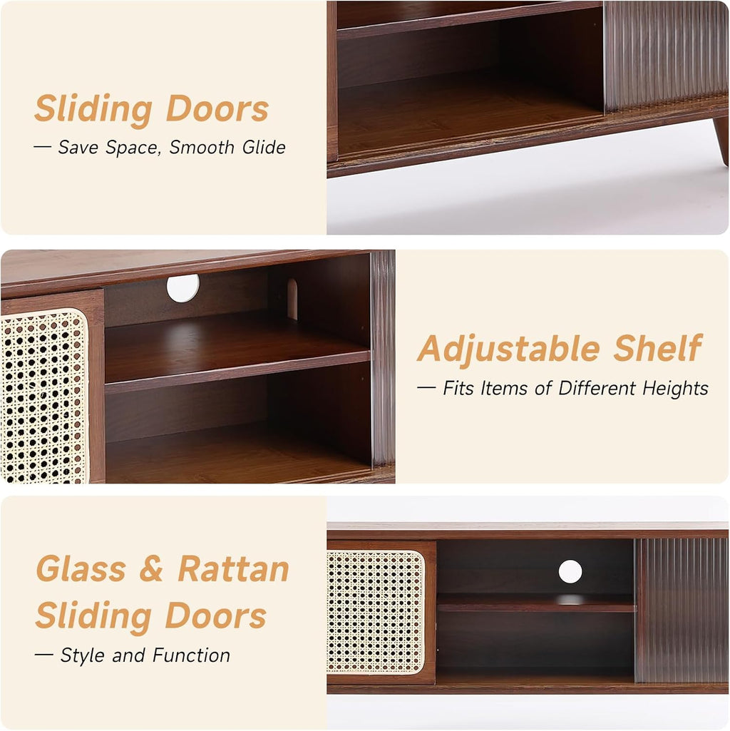 Tiita Rattan TV Stand for 55 Inch TV, Bamboo TV Cabinet with Adjustable Shelf and Storage, Boho Entertainment Center, Mid Century Modern Media Console for Bedroom, Living Room, Study, Walnut