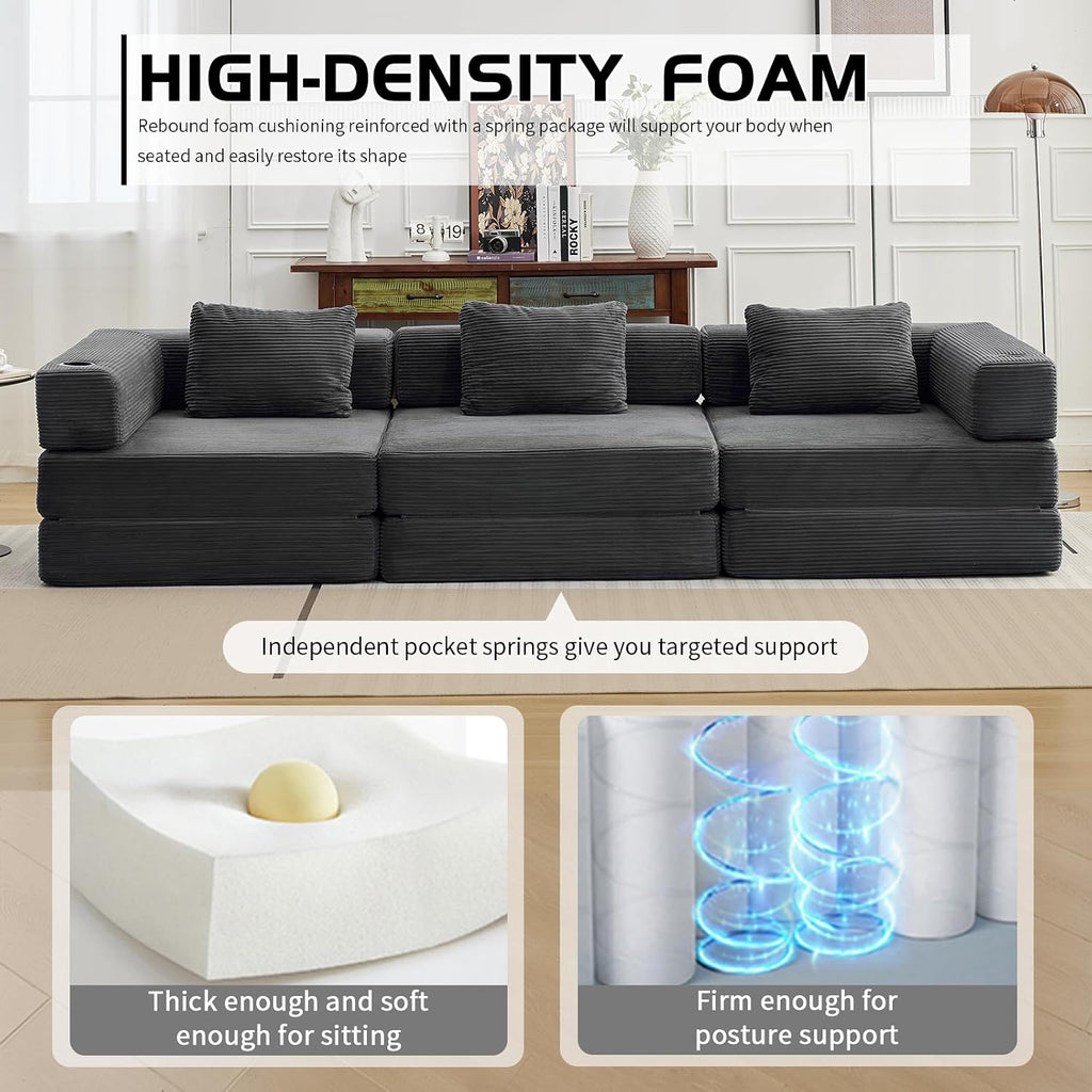 118' Oversized Convertible Floor Sofa Bed, Boneless Foldable Mattress Cloud Couch with Pillow Back & Armrest, Fold Out Floor Couch with Cup Holder for Living Room Bedroom Lounge, Corduroy, Dark Grey