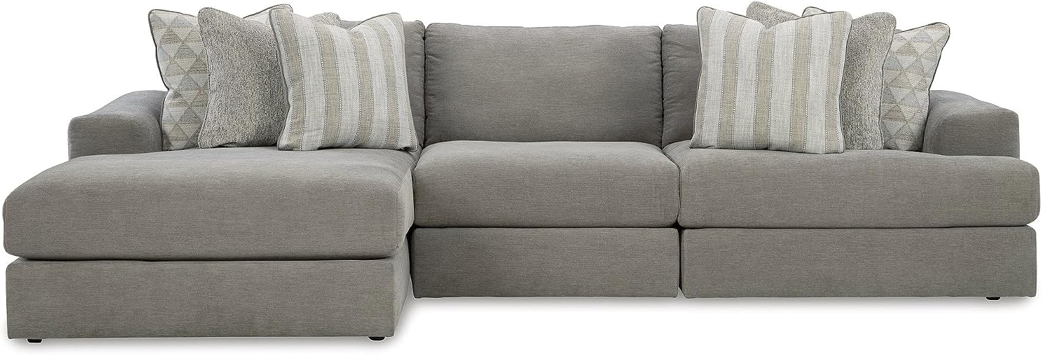Signature Design by Ashley Avaliyah Casual L-Shaped 3-Piece Sectional with Chaise with Reversible Cushions and 6 Accent Pillows, Light Gray