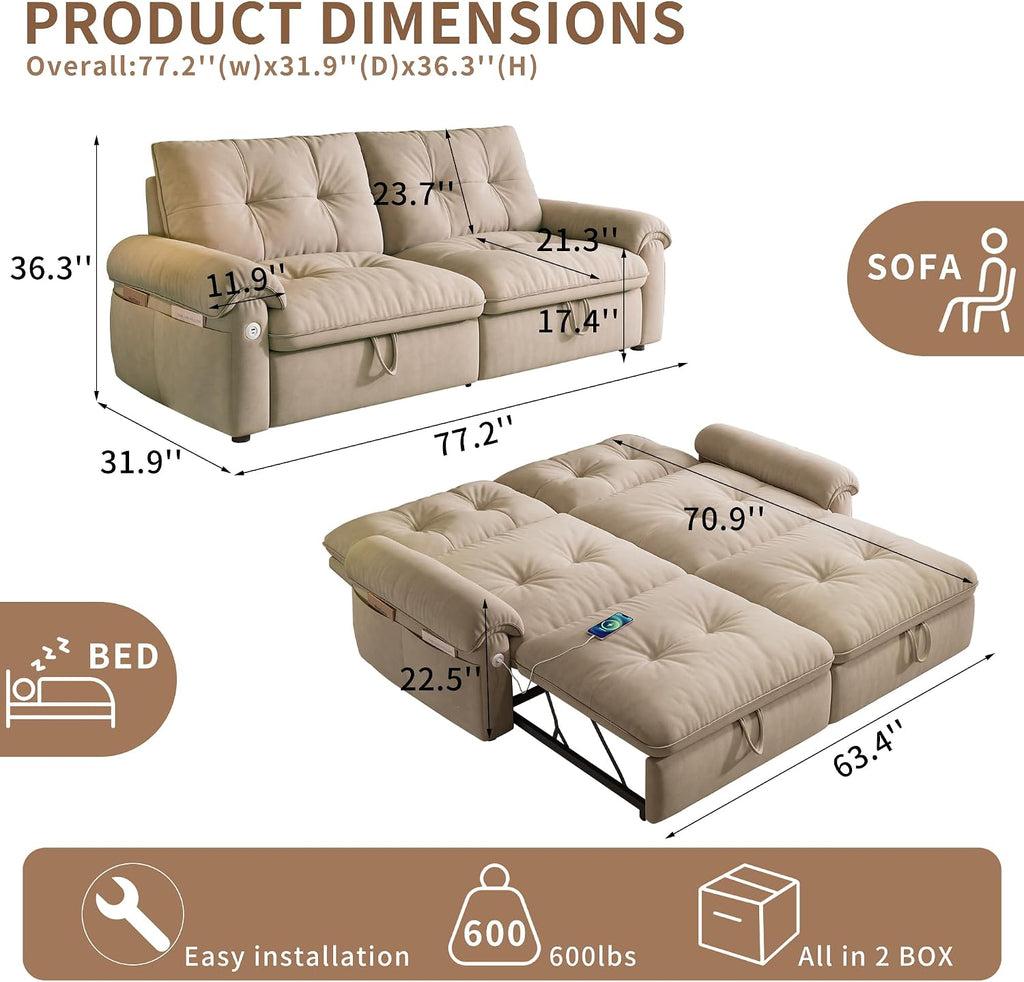 77' Queen Size Sofa Bed, Loveseat Sleeper Sofa with Pull Out Bed, Pockets and USB, Modern 2 Seater Convertible Small Couch for Living Room Bedroom Apartment, Brown