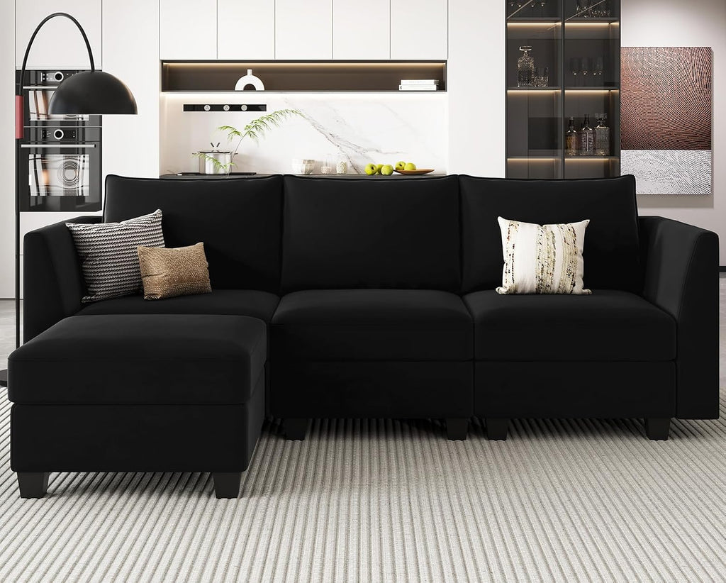 Belffin Convertible Sectional Sofa with Chaise Velvet L Shaped Sofa Couch Modular Sectional Sofa with Storage Black