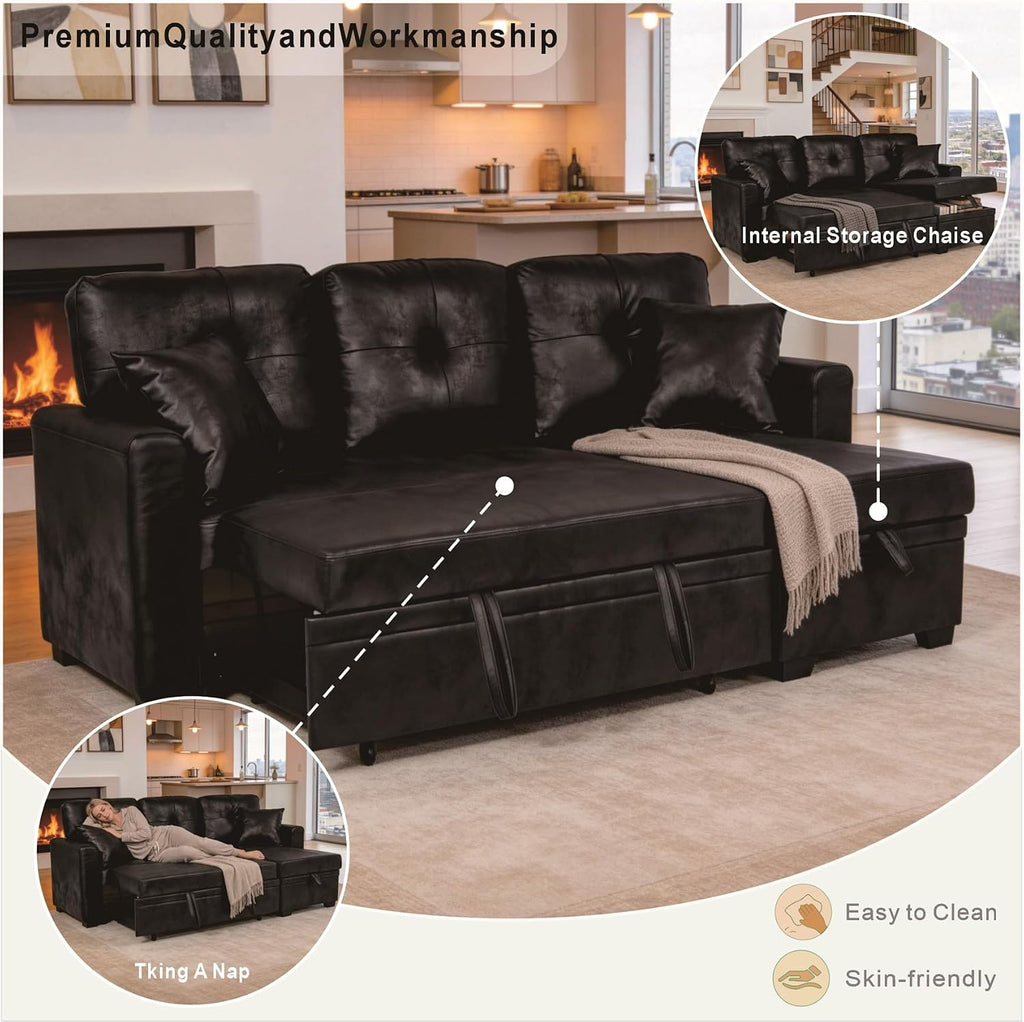 L Shaped Sectional Couch with Storage and Pull Out Bed, 3 Seater Sleeper Sofas Convertible Couches with Reversible Chaise for Living Room, Space Saving Small Sofa Bed for Small Spaces