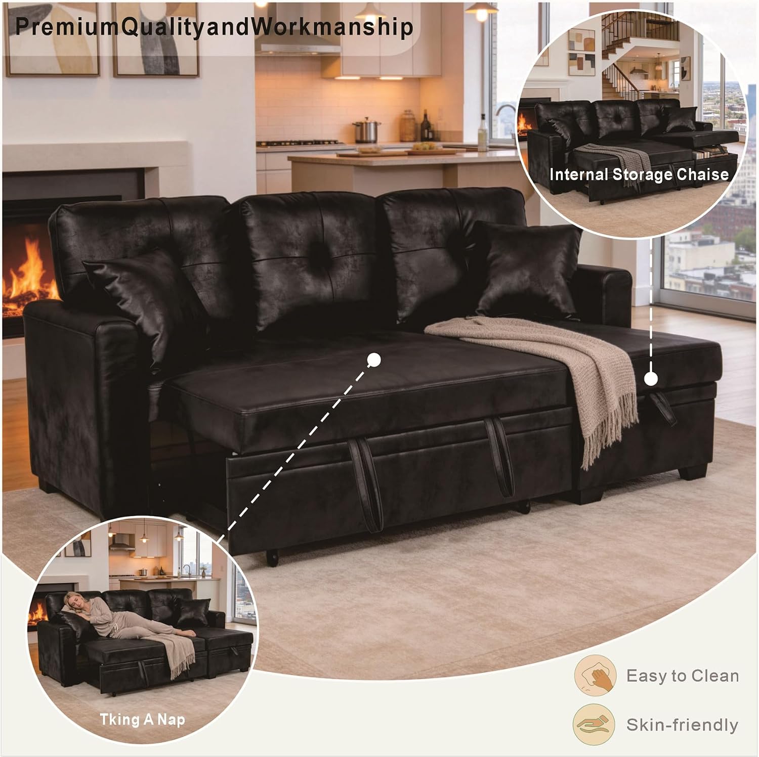 L Shaped Sectional Couch with Storage and Pull Out Bed, 3 Seater Sleeper Sofas Convertible Couches with Reversible Chaise for Living Room, Space Saving Small Sofa Bed for Small Spaces