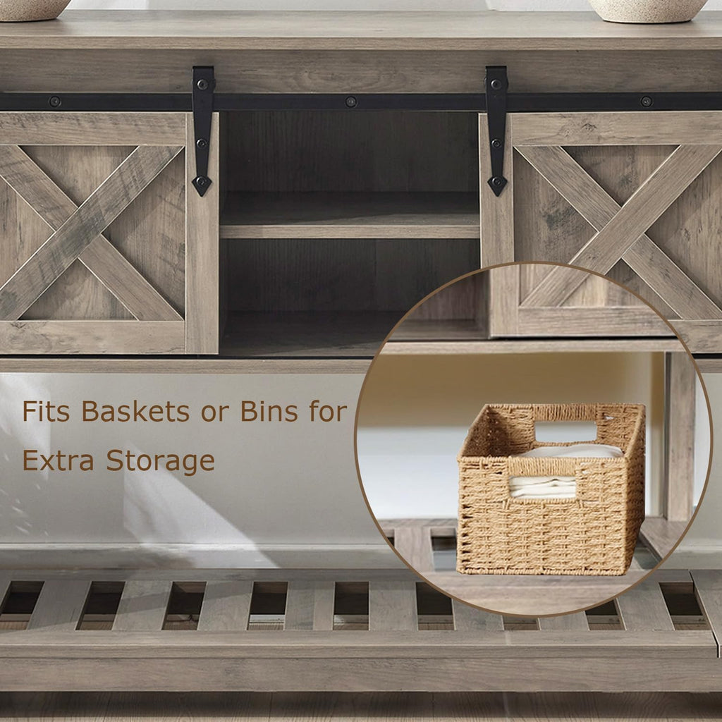 Farmhouse Entryway Table with Sliding Barn Doors, Wood Console Table with Storage Shelf, Rustic Sofa Table for Living Room, Entryway, Foyer, Grey