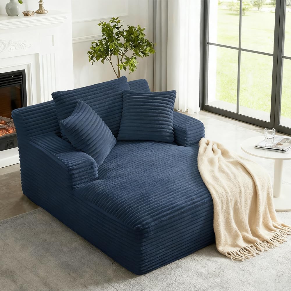 Tmsan 50' Oversized Chaise Lounge Sofa Chair Indoor, Modern Corduroy Sleeper Sofa Cloud Couch with 3 Soft Pillows, Comfy Single Seat Floor Sofa for Living Room Apartment Office, Blue