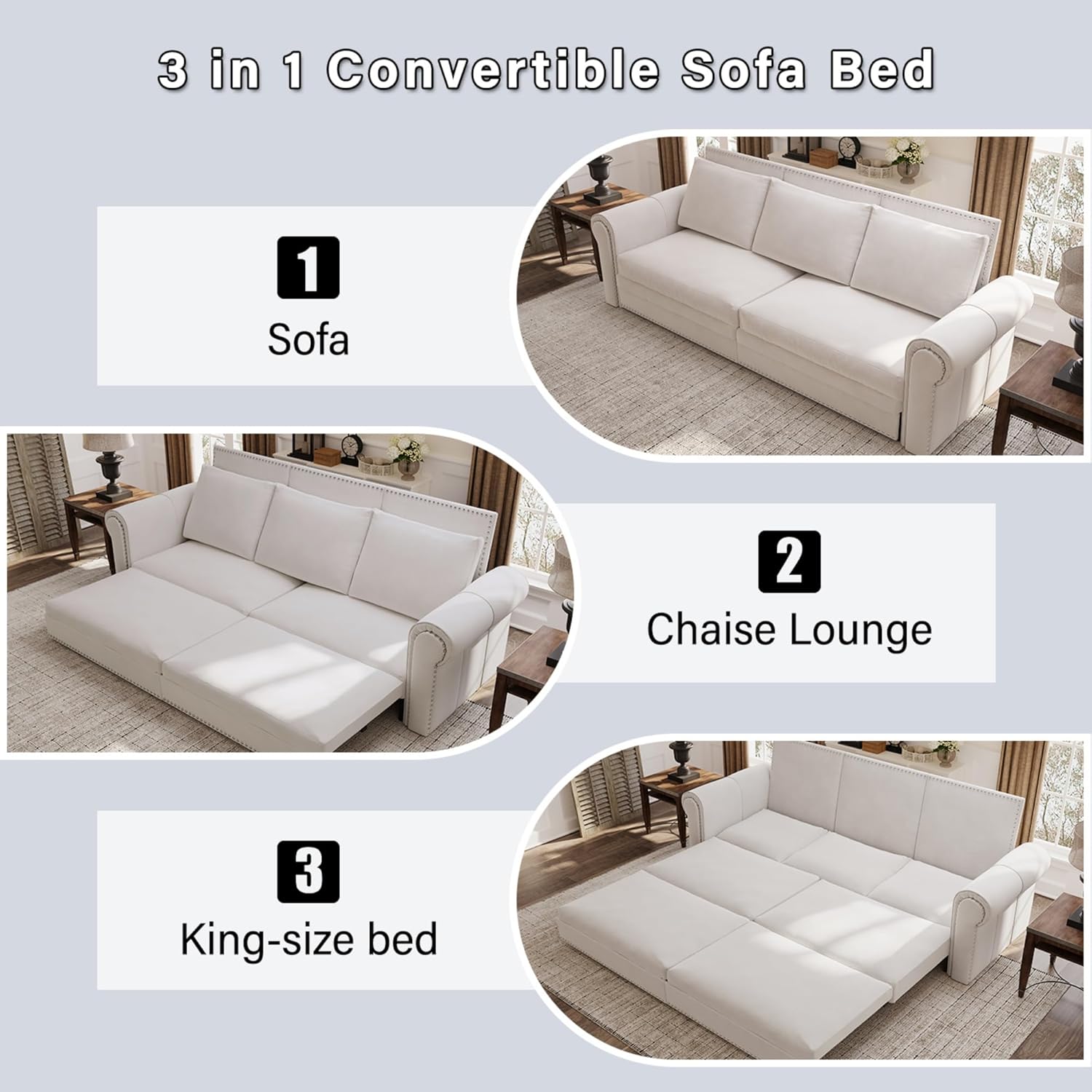 King Size 93.7' Pull Out 3 Seat Sofa with 2 Pillows, 3-in-1 Velvet Fabric Convertible Sleeper Sofa Bed, Fold Couch for Living Room, Office and Small Space, Beige