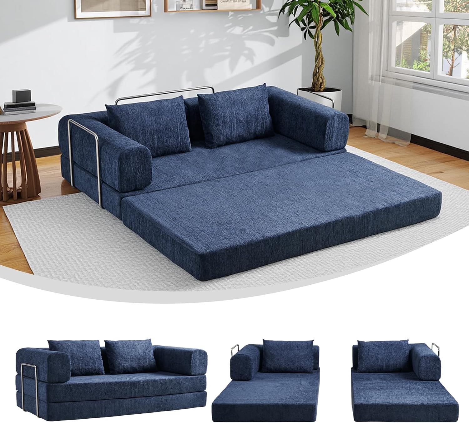 5-in-1 Convertible Folding Sofa Bed, 79' Queen Chenille Boneless Couch with Removable Armrests, No Assembly Loveseat Sleeper Sofa, Modular Futon Couch for Living Room & Bedroom (Blue)