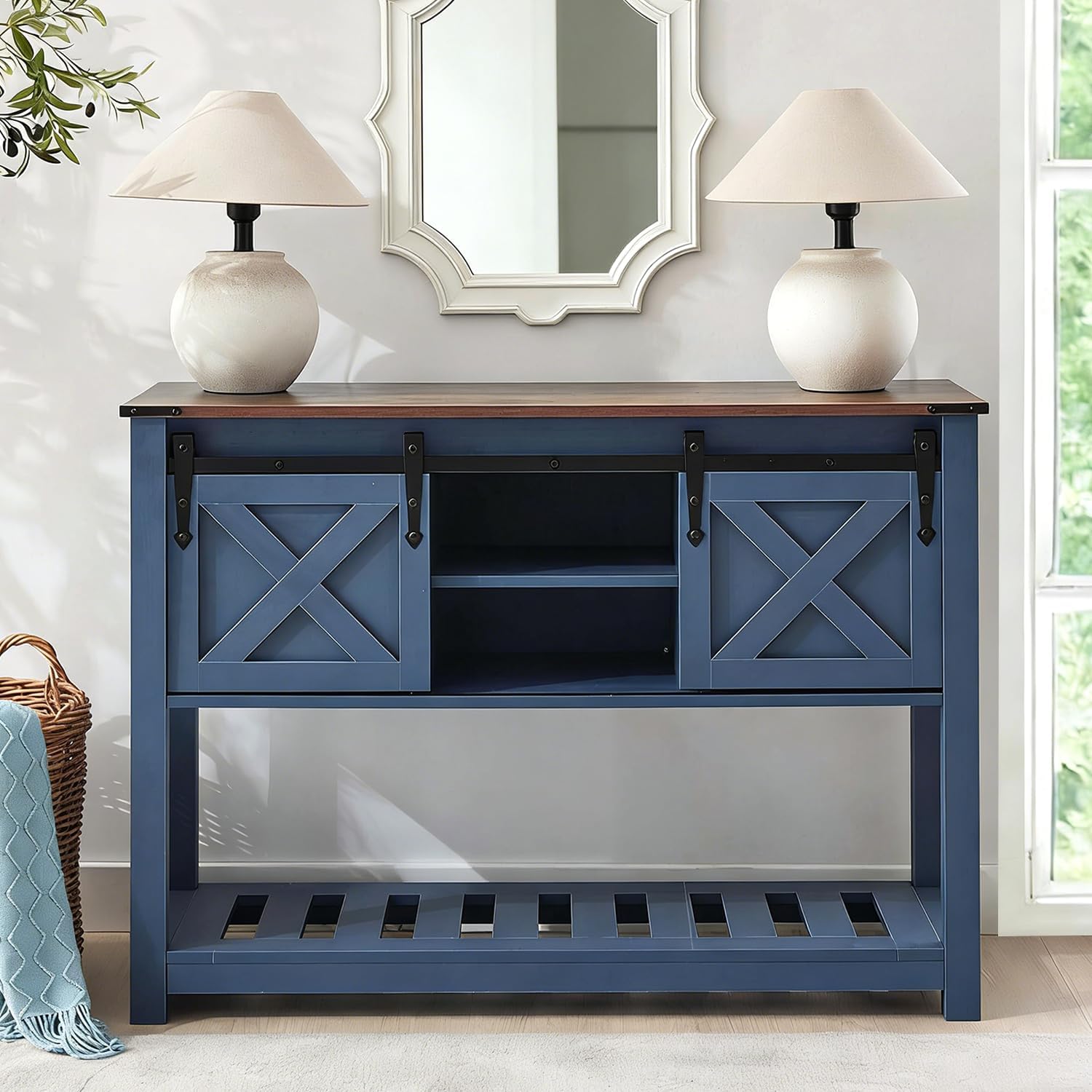 Blue Farmhouse Entryway Table, Rustic Hallway Table with Storage Shelf, Sofa Table with Sliding Barn Doors for Hallway, Entryway, Living Room, Foyer
