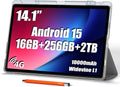 14 inch Large Screen Tablet, Android Tablet 16GB RAM 256GB ROM, 1920 * 1200 IPS FHD Display, Widevine L1, 10000mAh 18W Charging, Wi-Fi & Bluetooth, 4G LTE, with Stand Case & Stylus