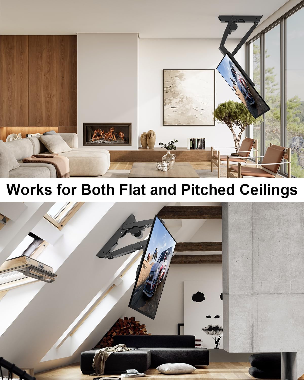 Electric Ceiling TV Mount with Remote for 23-55 inch Flat Curved Screen TVs, Motorized Flip Down Ceiling Mount for Flat and Pitched Roof Indoor Outdoor, Drop Down VESA Mount Bracket, Black