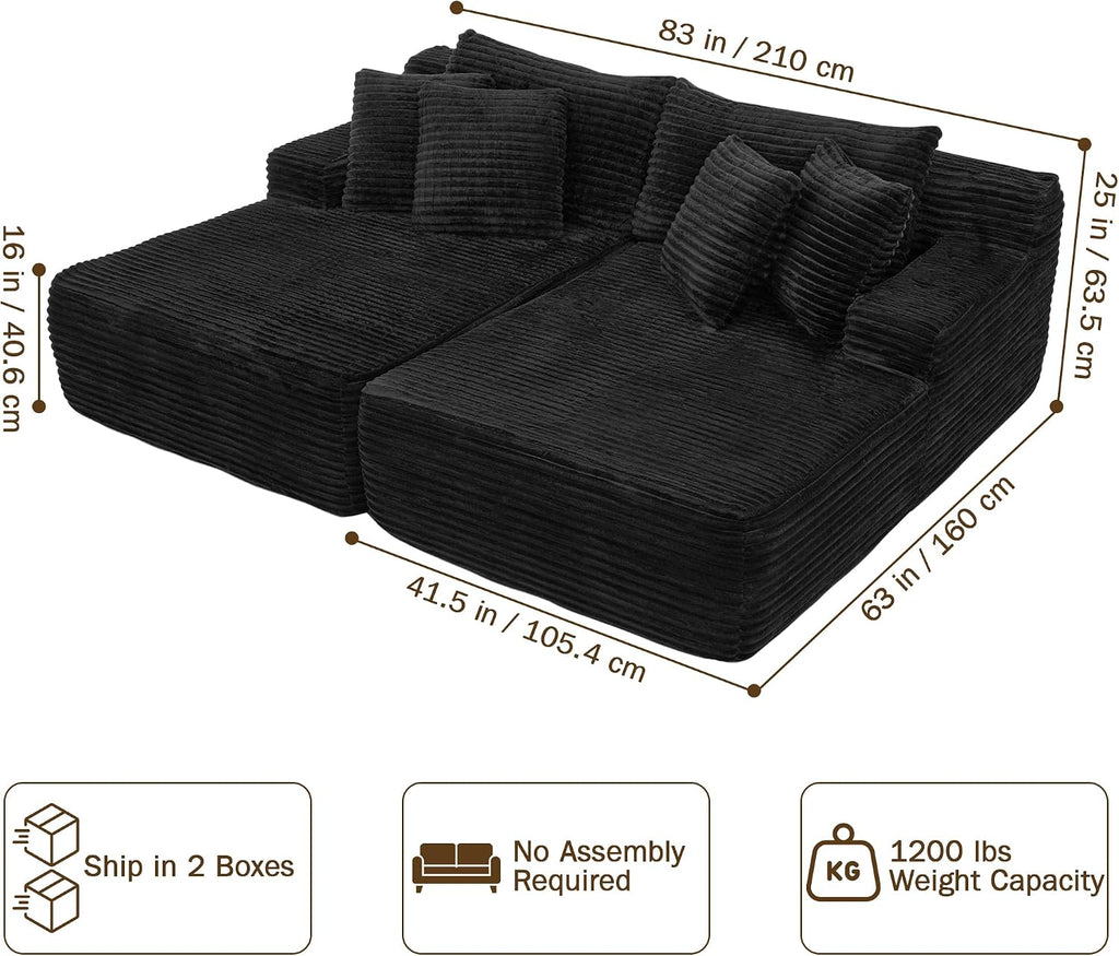 83' Oversized Double Chaise Lounge Indoor, Black Corduroy Chaise Lounge Chair, Upholstered Sleeper Sofa Bed, Deep Seat Sleeper Loveseat Reading Chairs, Boneless Cloud Couch for Living Room Bedroom