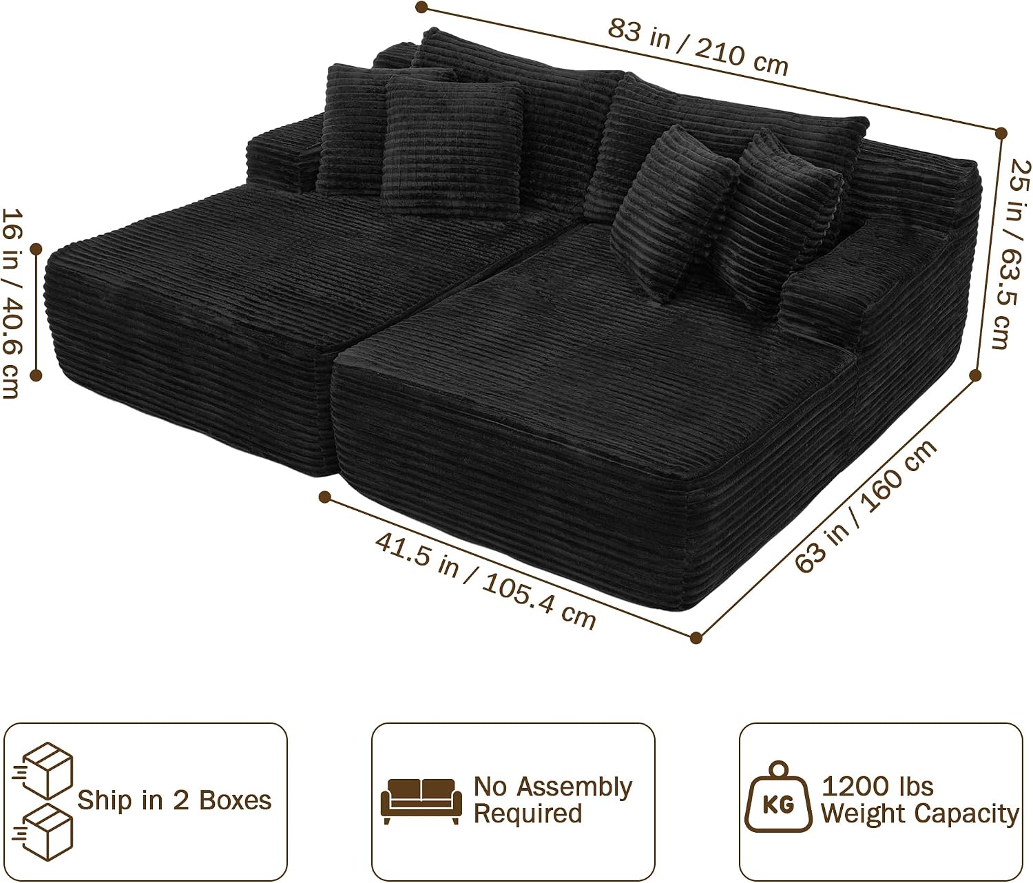 83' Oversized Double Chaise Lounge Indoor, Black Corduroy Chaise Lounge Chair, Upholstered Sleeper Sofa Bed, Deep Seat Sleeper Loveseat Reading Chairs, Boneless Cloud Couch for Living Room Bedroom