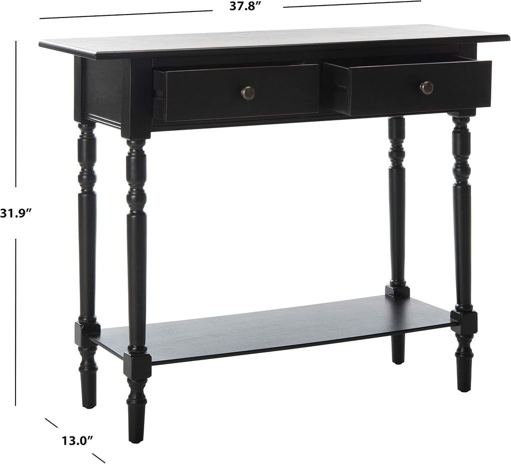 SAFAVIEH Home Collection – Rosemary Distressed Black Console Table with Drawers & Shelf, Classic Contemporary Storage Console, Turned Leg Design (AMH5705B)