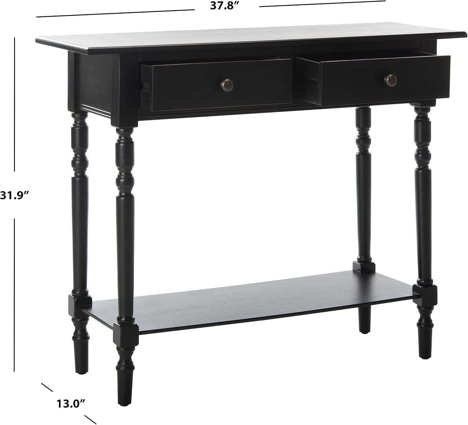 SAFAVIEH Home Collection – Rosemary Distressed Black Console Table with Drawers & Shelf, Classic Contemporary Storage Console, Turned Leg Design (AMH5705B)