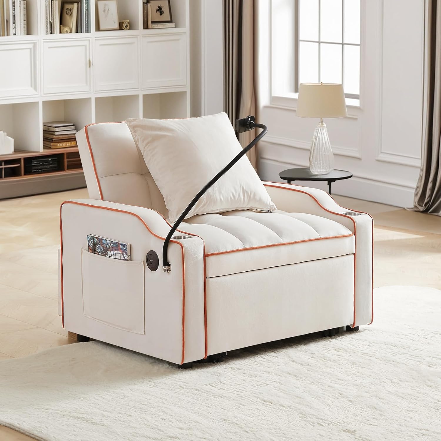Antetek Sleeper Sofa Chair Bed with Charging Ports & Phone Holder & Cup Holder, Modern Velvet 3 in 1 Convertible Pull Out Single Sofa Chair Bed for Small Spaces Apartment, Beige