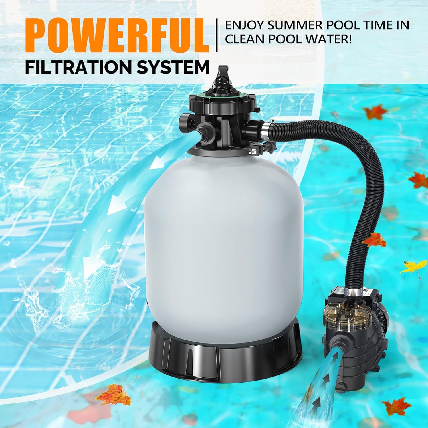 (24H Timer) VINGLI 16 in Sand Filter Pump with 24-Hour Timer, 3435 GPH 3/4 HP High Flow Pool Filter Pump with 7-Way Valve for Above Ground Swimming Pools Up to 15000 Gallons
