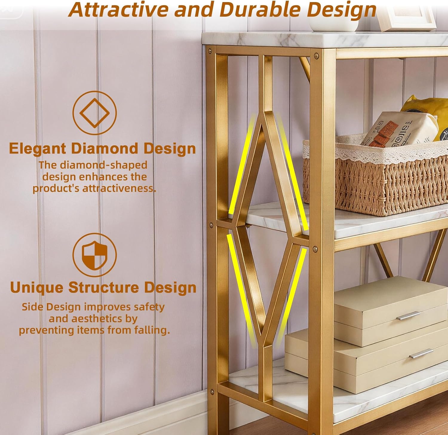 HOMISSUE Sofa Console Table, Rustic Console Table with 3-Tier Storage, Engineered Wood Sofa Tables with Open Shelves, Heavy Duty Entryway Tables for Living Room, Hallway (47 Inch, Gold)