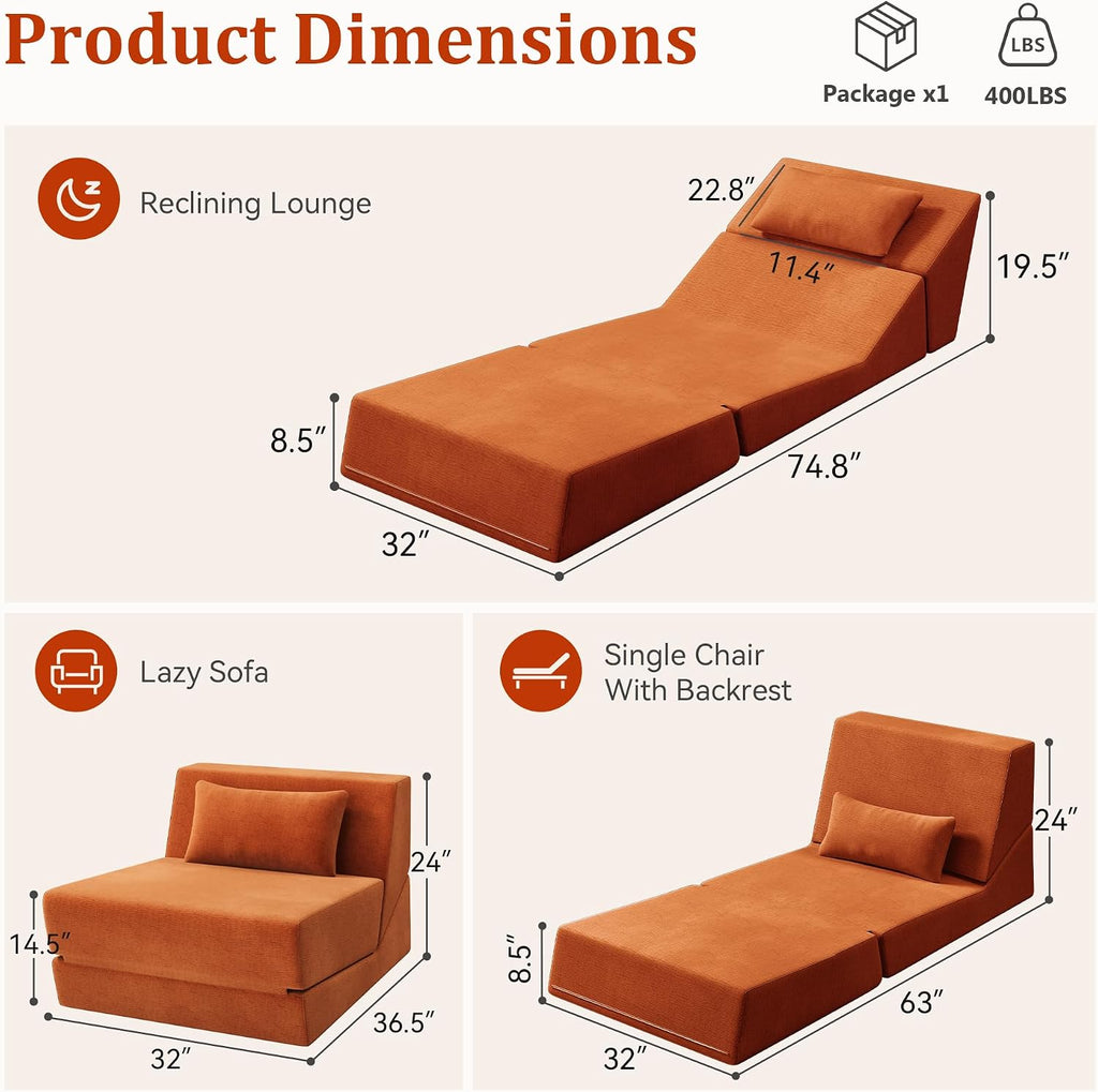 Fold Out Chair Bed, Folding Sofa Bed with High-Density Support Foam, Portable 3 in 1 Convertible Chair Bed Sleeper for Adults, Versatile Floor Couch for Living Room Bedroom, Brown | Washable Cover, With pillow, Foldable Bed Chair
