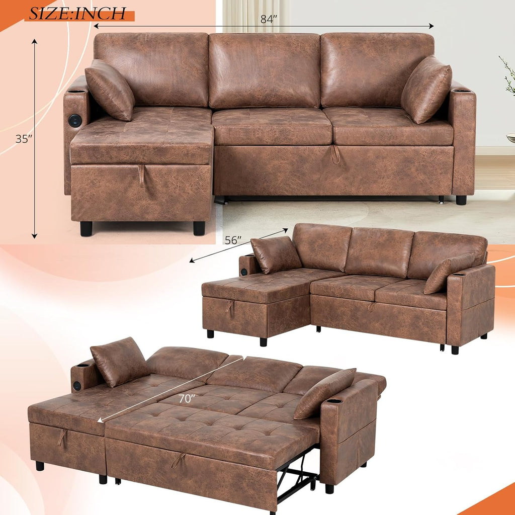 84' L-Shape Pull Out Sofa Bed with Adjustable Backrest, Upholstered Sectional Sleeper Sofa with Storage Chaise, Suede Leather Reversible Couch Bed with USB Port for Living Room, House, Brown