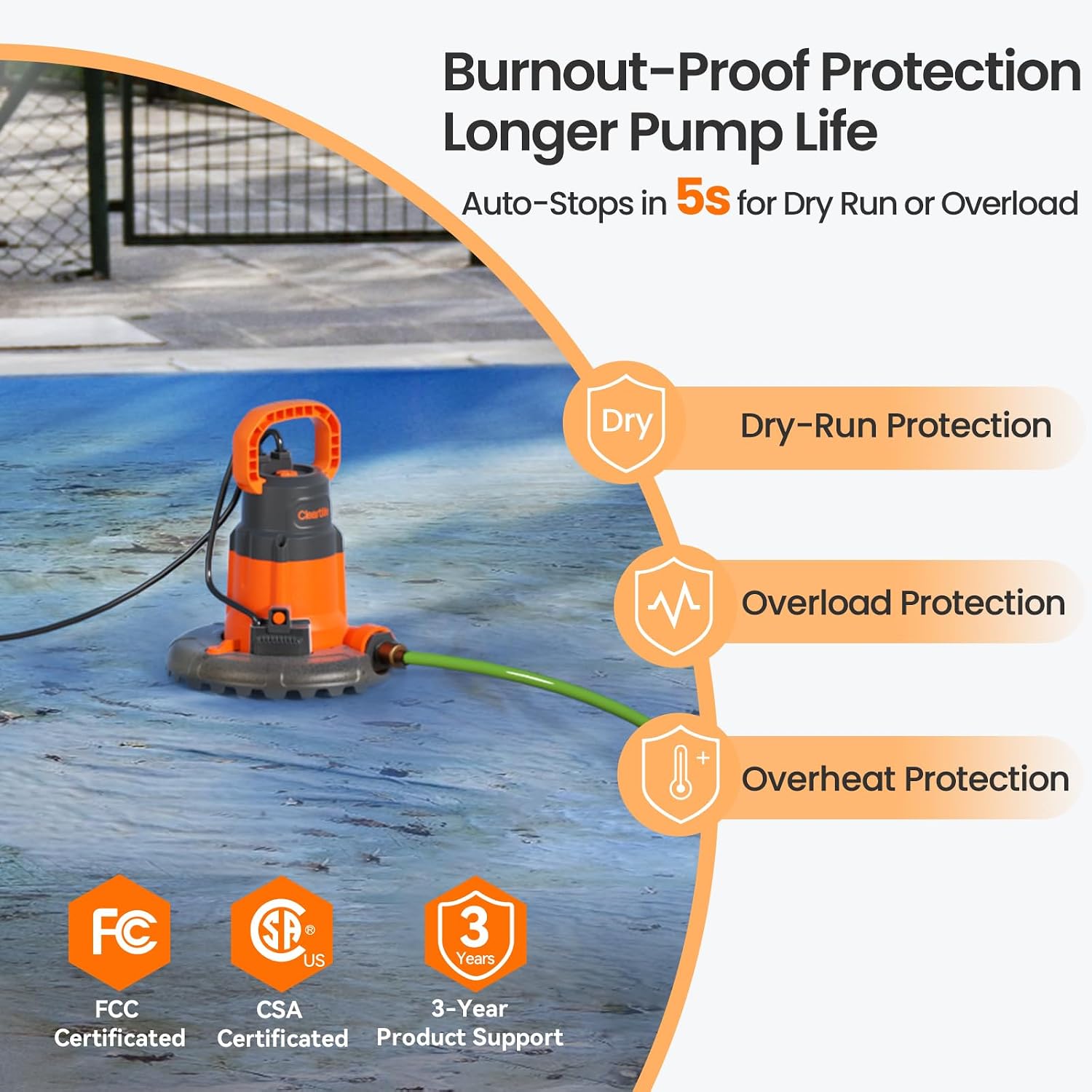 Cleartide Smart Automatic Water Pool Cover Pump, Submersible Pump Removes Water from Inground/Above Ground Winter Swimming Pools, 1/4 HP 2160 GPH, Auto On/Off & Freeze Protection, 25ft Cord, 120V AC