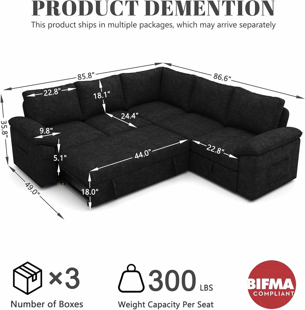 85 Inch Modular Sectional Sofa with Pull Out Bed, L Shaped 5 Seat Sectional Sleeper Sofa with Storage, Sectional Couches for Living Room, Cloud Modular Couch,Removable Sofa Cover, Black