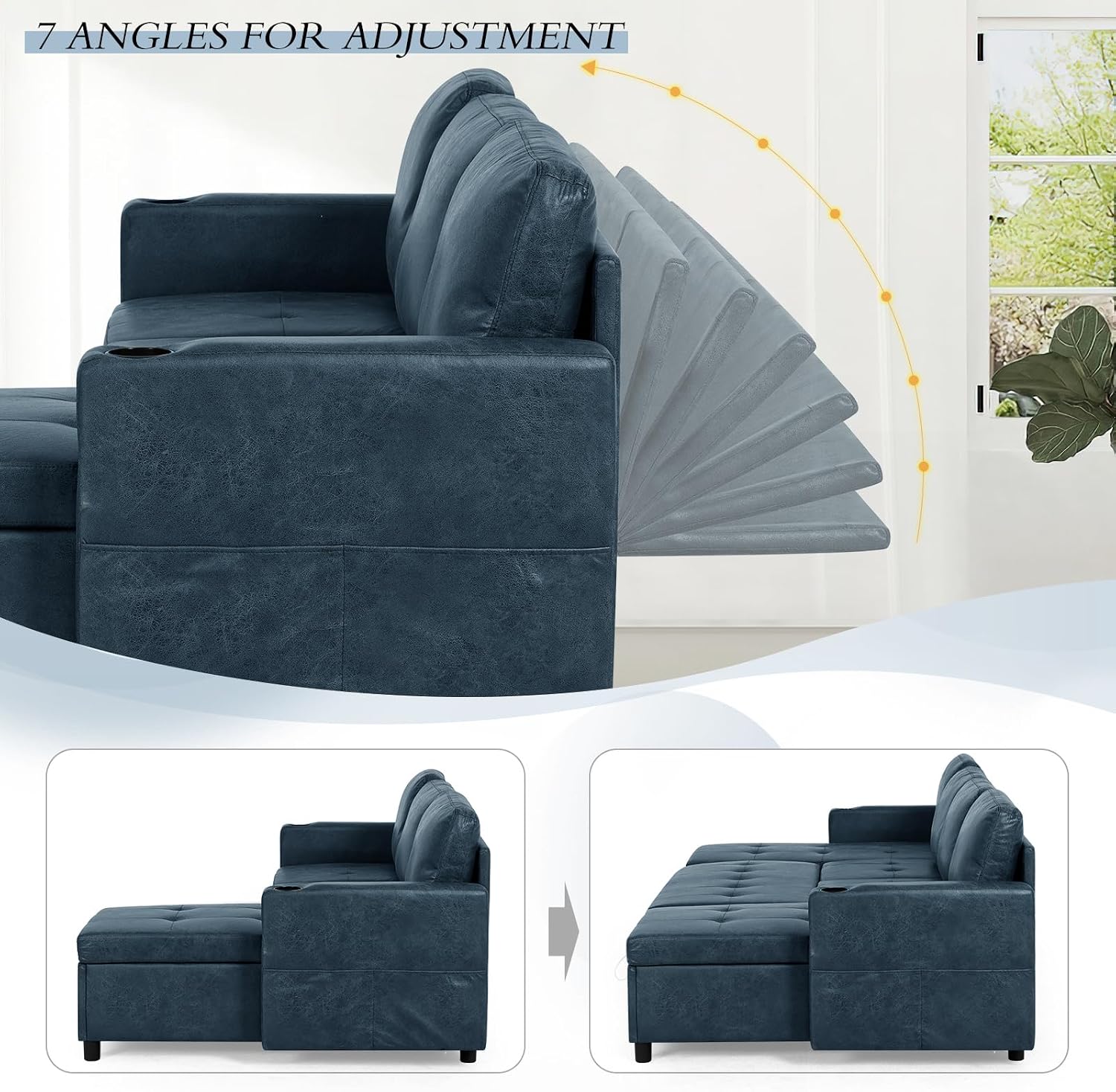 84' L-Shape Pull Out Sofa Bed with Adjustable Backrest, Upholstered Sectional Sleeper Sofa with Storage Chaise, Suede Leather Reversible Couch Bed with USB Port for Living Room, House, Blue