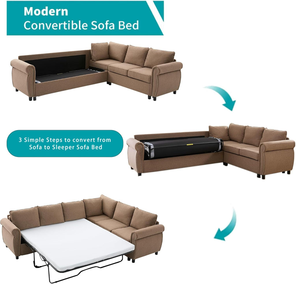 104'' Sleeper Sofa Bed, L Shaped Sectional Sofa with Pull Out Couch Bed, Queen Size 6 Seater Sofa with Memory Foam Mattress, Sectional Couches for Living Room Furniture Set, Brown