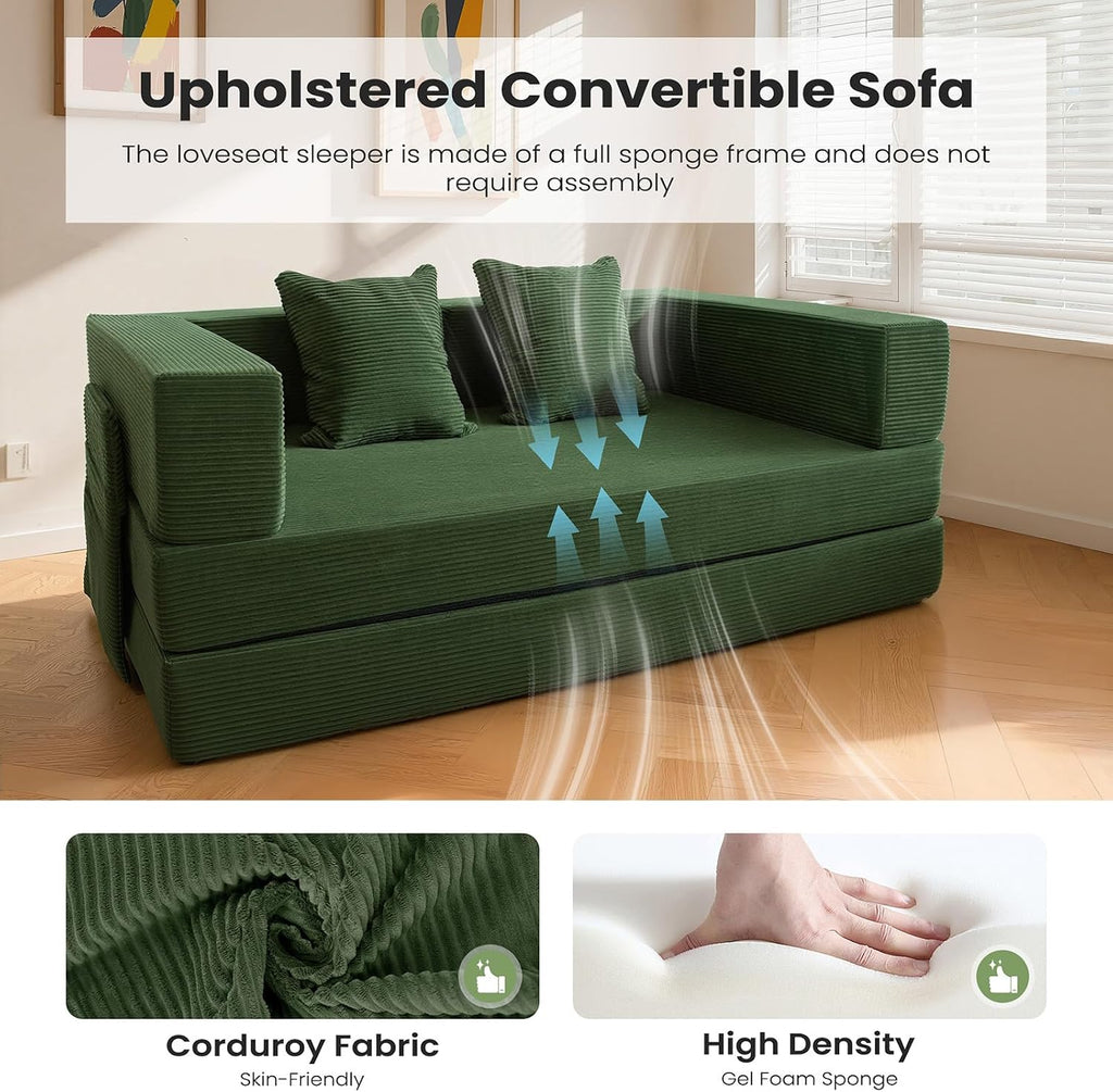 5‑in‑1 Futon Sofa Bed Queen– Floor Foldable Convertible Sofa Couch with L‑Shaped Armrests, Removable Cover, Green Convertible Guest Bed | Space‑Saving Fold‑Out Mattress Lounge for Living Room/Bedroom