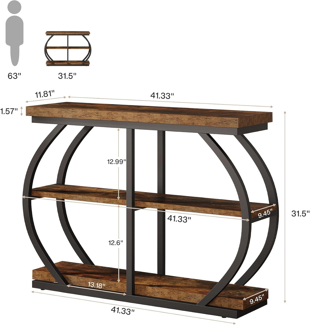 Tribesigns 41.3' Console Table, Industrial 3-Tier Entryway Table with Arched Metal Frame and Storage Shelves for Living Room, Hallway, Rustic Brown