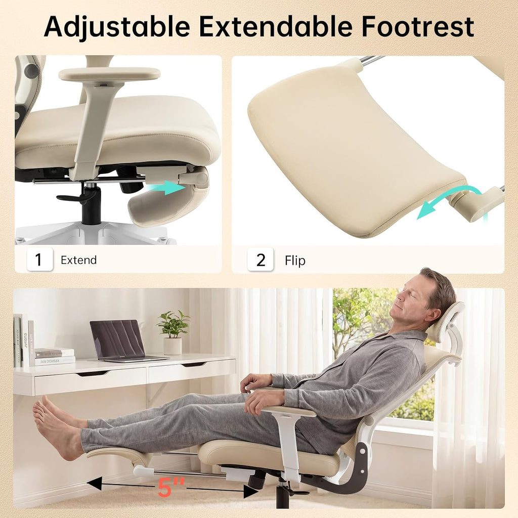 Foldable Office Chair with Foot Rest, Ergonomic Office Chair with Adjustable Lumbar Support, Headrest, Armrest, Home Office Desk Chair for Space Saving, Work from Home, Cream