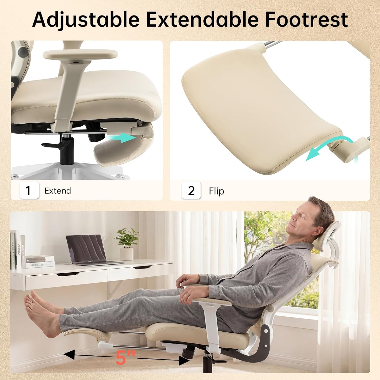 Foldable Office Chair with Foot Rest, Ergonomic Office Chair with Adjustable Lumbar Support, Headrest, Armrest, Home Office Desk Chair for Space Saving, Work from Home, Cream