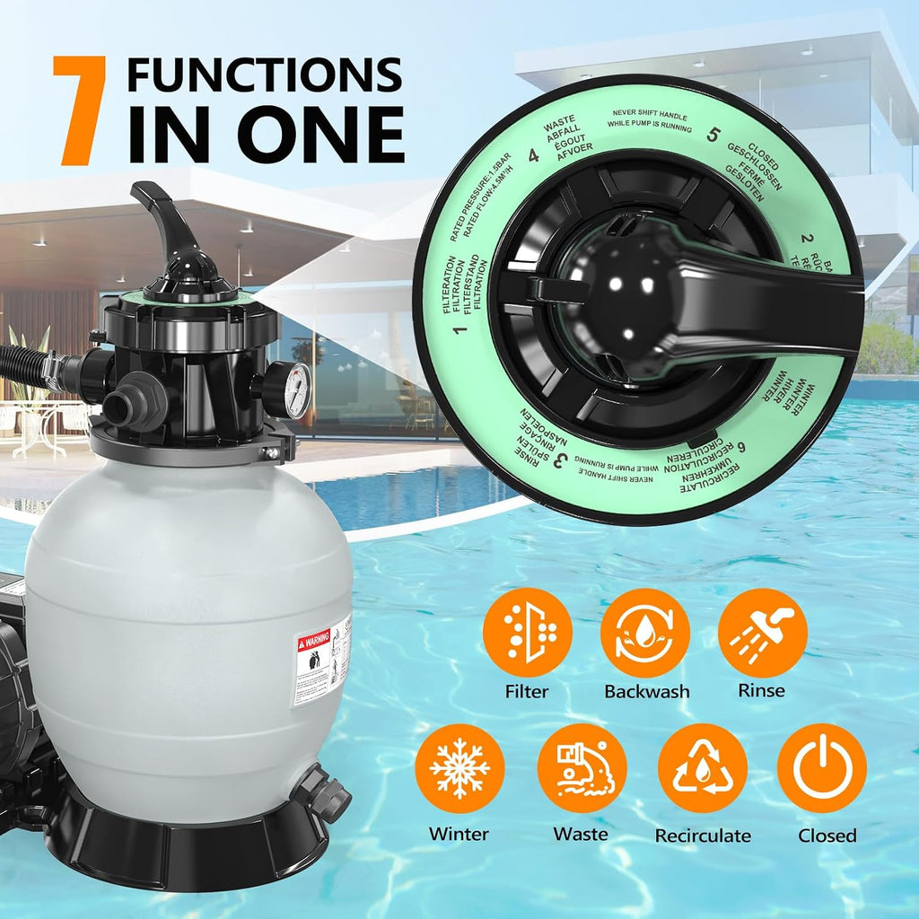 VINGLI (24H Timer) 12 in Sand Filter Pump with Filter Balls, 1585 GPH 1/2 HP High Efficiency Pool Pump with 7-Way Valve for Above Ground Swimming Pools Up to 8000 Gallons