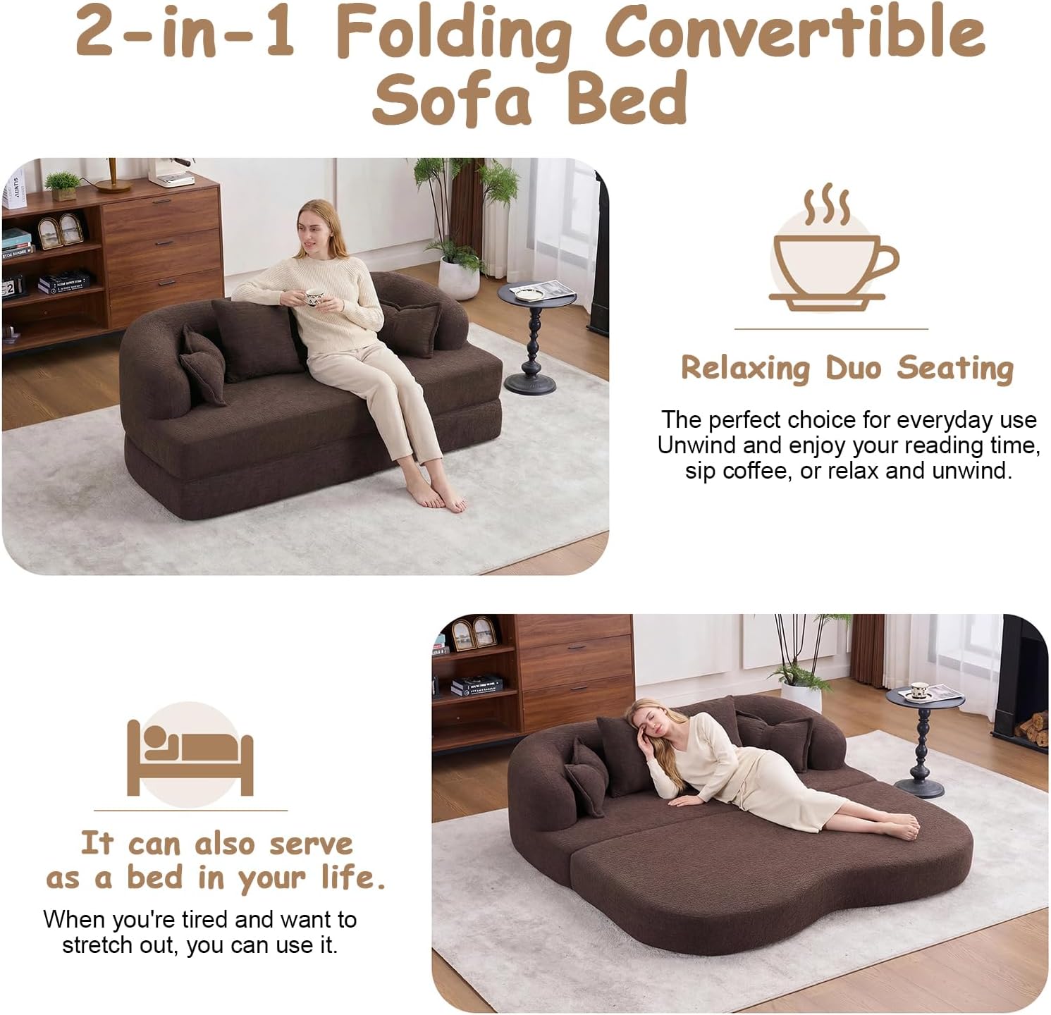70' Convertible Sofa Bed, 2-in-1 Boneless Sleeper Sofa, Soft Chenille Folding Sofa Loveseat with 4 Pillows, Love Seat Small Couch for Small Spaces, Living Room, Bedroom, No Assembly