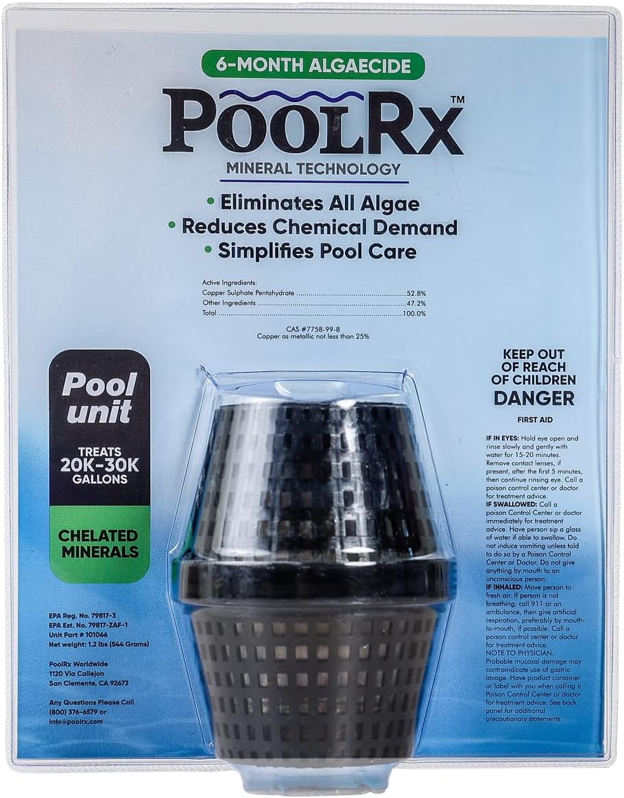 PoolRX+ Pool Unit 20k-30k gallons & 101066 6 Month Algaecide Treats 20k-30k gallons, Black