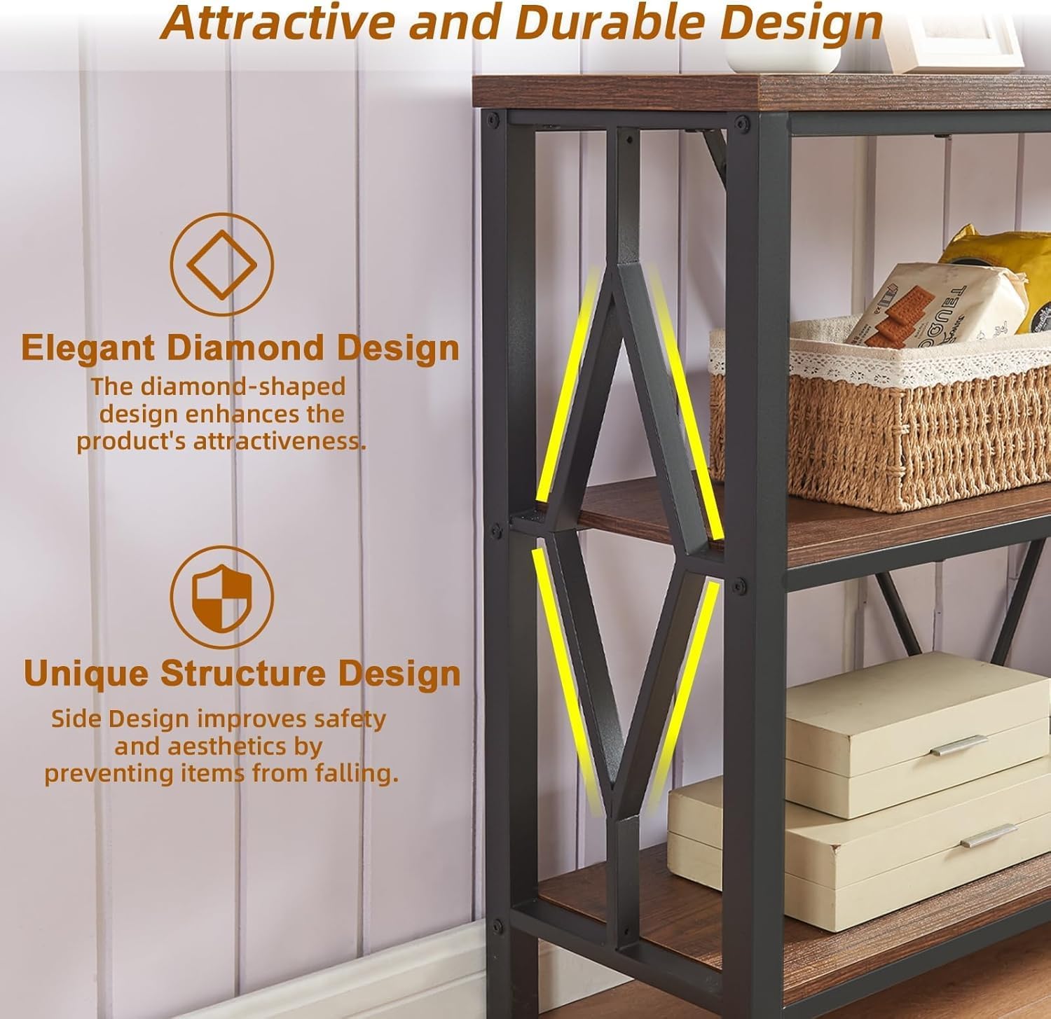 HOMISSUE Sofa Console Table, Rustic Console Table with 3-Tier Storage, Engineered Wood Sofa Tables with Open Shelves, Heavy Duty Entryway Tables for Living Room, Hallway (55 Inch, Rustic Brown)